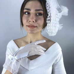 Beyaz Saten Fiyonklu Gelin Eldiveni Ve Vualet Takımı-NIKAHTAKIMI-35