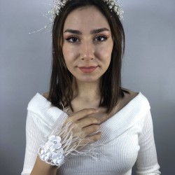 Krem İncili Taç Ve Beyaz Tüylü Bileklik Nikah Takımı-NIKAHTAKIMI-39