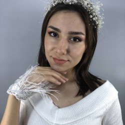 Krem İncili Taç Ve Beyaz Tüylü Bileklik Nikah Takımı-NIKAHTAKIMI-39