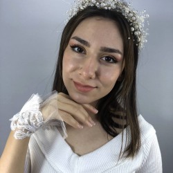 Krem İncili Taç Ve Beyaz Püsküllü Bileklik Nikah Takımı-NIKAHTAKIMI-40