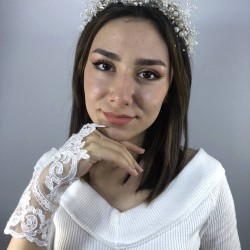 Beyaz Parmak Detaylı Eldiven Ve Krem İncili Taç Nikah Takımı-NIKAHTAKIMI-41