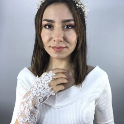 Beyaz Parmak Detaylı Eldiven Ve Krem İncili Taç Nikah Takımı-NIKAHTAKIMI-41