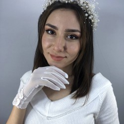 Krem İncili Taç Ve Kenar Dantel Desenli Eldiven Nikah Takımı-NIKAHTAKIMI-42