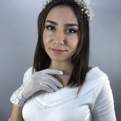 Krem İncili Taç Ve Kenar Dantel Desenli Eldiven Nikah Takımı-NIKAHTAKIMI-42