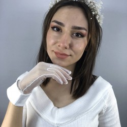 Krem İncili Taç Ve Beyaz Kenarlı Gelin Eldiveni Nikah Takımı-NIKAHTAKIMI-44