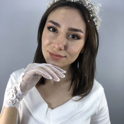 Krem İncili Taç Ve Beyaz Kapamalı Eldiven Nikah Takımı-NIKAHTAKIMI-46