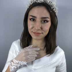 Krem İncili Taç Ve Beyaz Kapamalı Eldiven Nikah Takımı-NIKAHTAKIMI-46