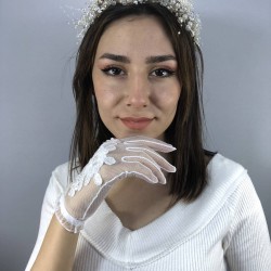 Beyaz Boncuk İşlemeli Eldiven Ve Krem İncili Taç Nikah Takımı-NIKAHTAKIMI-47