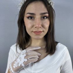 Beyaz Boncuk İşlemeli Eldiven Ve Krem İncili Taç Nikah Takımı-NIKAHTAKIMI-47