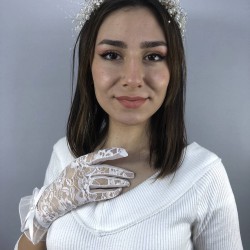 Beyaz Fiyonklu Dantelli Eldiven Ve Krem İncili Taç Nikah Takımı-NIKAHTAKIMI-48