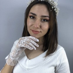 Beyaz Fiyonklu Dantelli Eldiven Ve Krem İncili Taç Nikah Takımı-NIKAHTAKIMI-48
