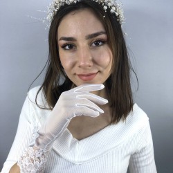 Beyaz Uzun Gelin Eldiveni Ve Krem İncili Taç Nikah Takımı-NIKAHTAKIMI-50