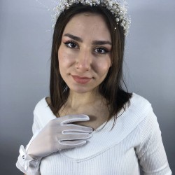 Beyaz Büyük Fiyonklu Eldiven Ve Krem İncili Taç Nikah Takımı-NIKAHTAKIMI-51