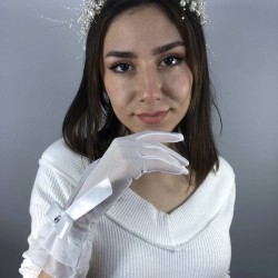 Beyaz Büyük Fiyonklu Eldiven Ve Krem İncili Taç Nikah Takımı-NIKAHTAKIMI-51
