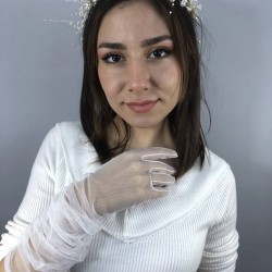 Krem İncili Taç Ve Beyaz Dirsek Boy Gelin Eldiveni Nikah Takımı-NIKAHTAKIMI-52