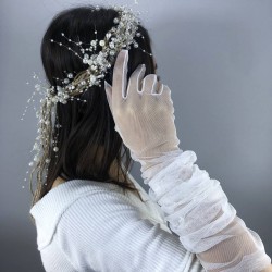 Krem İncili Taç Ve Beyaz Dirsek Boy Gelin Eldiveni Nikah Takımı-NIKAHTAKIMI-52