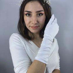 Beyaz Uzun Püsküllü Saten Eldiven Ve İncili Taç Nikah Takımı-NIKAHTAKIMI-53