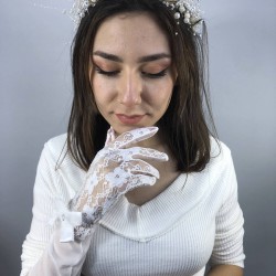 Beyaz Dantelli Tüylü Uzun Eldiven Ve İncili Taç Nikah Takımı-NIKAHTAKIMI-54
