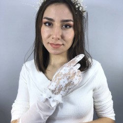 Beyaz Dantelli Tüylü Uzun Eldiven Ve İncili Taç Nikah Takımı-NIKAHTAKIMI-54