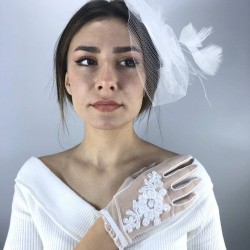 Beyaz Vualet Ve Beyaz Boncuk İşlemeli Eldiven Nikah Takımı-NIKAHTAKIMI-62