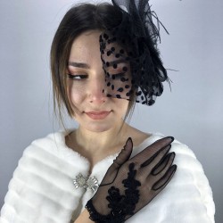 Siyah İşlemeli Gelin Eldiveni Ve Puantiyeli Vualet-NIKAHTAKIMI-7