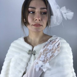 Beyaz Vualet Ve Beyaz Uzun Fiyonklu Eldiven Nikah Takımı-NIKAHTAKIMI-70