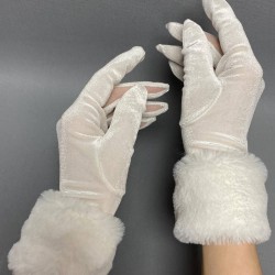 Beyaz İpek Kadife Kürklü Eldiven-NIKAHTAKIMI-74