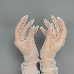 Kostüm Aksesuarı Uzun Tül Eldiven Beyaz-NIKAHTAKIMI-82