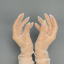 Tüllü Gelin Eldiveni Kostüm Aksesuarı Krem Ten Rengi-NIKAHTAKIMI-87