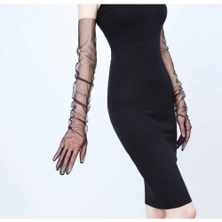 Cadılar Bayramı Kostüm Eldiveni Likralı Uzun Tül Abiye Eldiveni Siyah-NIKAHTAKIMI-90