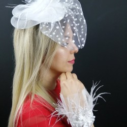Puantiyeli Vualet Nikah Şapkası ve Beyaz Bileklik-NKH-1006
