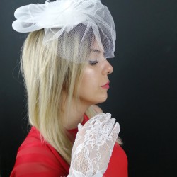 Beyaz Vualet Nikah Şapkası ve Beyaz Fiyonklu Eldiven-NKH-1008
