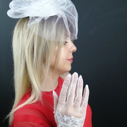 Beyaz Vualet Nikah Şapkası ve Beyaz Dantelli Eldiven-NKH-1012