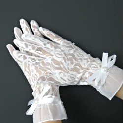 Dantel Desenli Beyaz Fiyonklu Gelin Eldiveni-NKH-1033