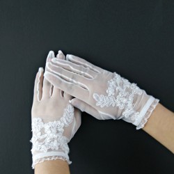 Beyaz Boncuk İşlemeli Gelin Eldiveni-NKH-1036