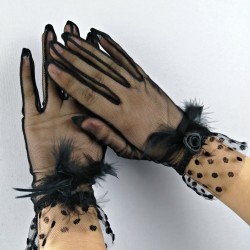 Siyah Otriş Tüylü Gelin Eldiveni-NKH-1041