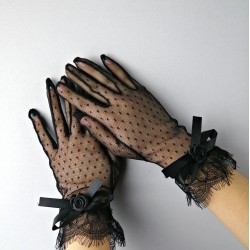 Siyah Fiyonklı Gelin Eldiveni-NKH-1042