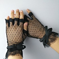 Siyah Puantiyeli Kısa Parmak Gelin Eldiveni-NKH-1043