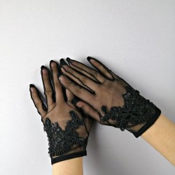 Siyah Boncuk İşlemeli Gelin Eldiveni-NKH-1046