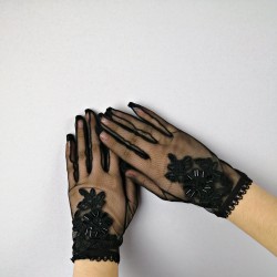 Siyah Pul İşlemeli Gelin Eldiveni-NKH-1047