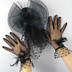 Siyah Puantiyeli Vualet ve Siyah Otriş Tüylü Gelin Eldiveni-NKH-1048