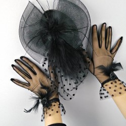 Siyah Puantiyeli Vualet ve Siyah Otriş Tüylü Gelin Eldiveni-NKH-1048