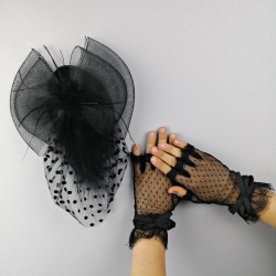 Siyah Puantiyeli Vualet ve Siyah Kısa Gelin Eldiveni-NKH-1050