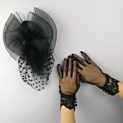 Siyah Puantiyeli Vualet ve Siyah İşlemeli Gelin Eldiveni-NKH-1051