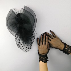 Siyah Puantiyeli Vualet ve Siyah İşlemeli Gelin Eldiveni-NKH-1051