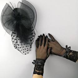 Siyah Puantiyeli Vualet ve Siyah Fiyonklu Gelin Eldiveni-NKH-1052