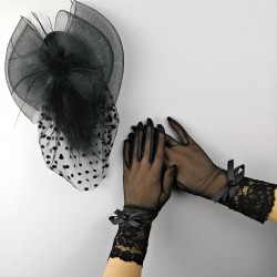 Siyah Puantiyeli Vualet ve Siyah Fiyonklu Gelin Eldiveni-NKH-1052