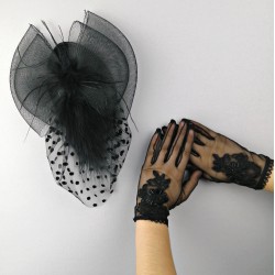 Siyah Puantiyeli Vualet ve Siyah Pullu Gelin Eldiveni-NKH-1053