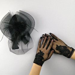 Siyah Puantiyeli Vualet ve Siyah Boncuklu Gelin Eldiveni-NKH-1054