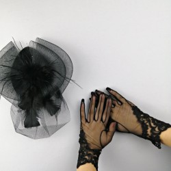 Siyah Vualet ve Siyah İşlemeli Gelin Eldiveni-NKH-1055